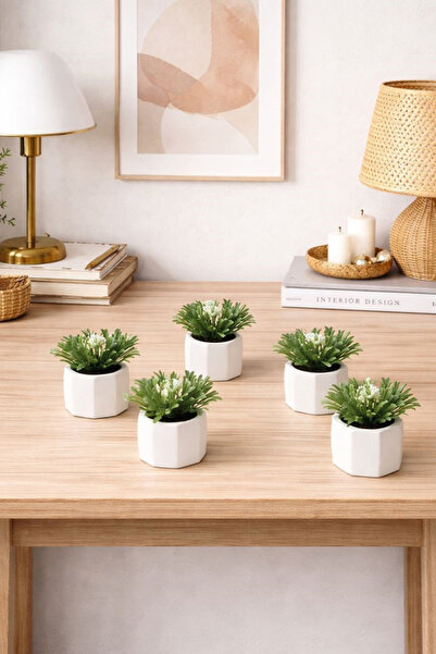 adresiburasi Artificial Mini Table Flower in Concrete Pot Set of 5 White