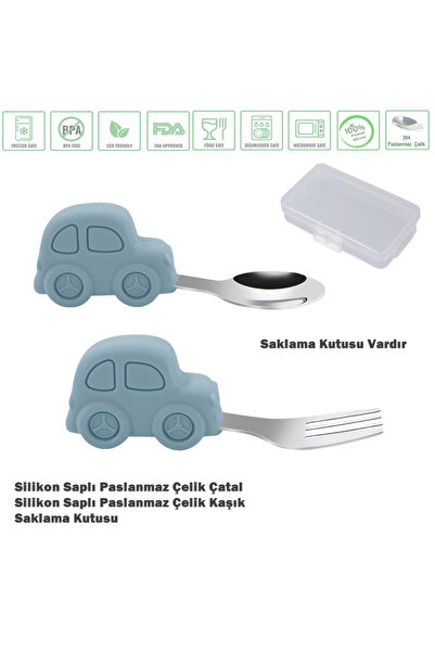 jojobebek Gri Çocuk BPA Free Silikon Saplı Paslanmaz Çelik Uçlu Çatal-Kaşık, ...