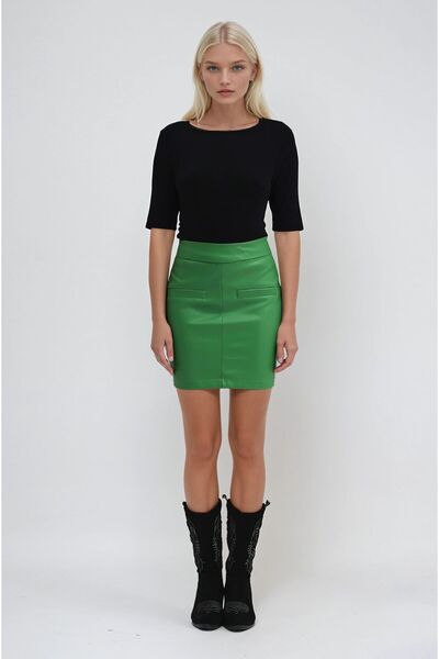 Lijuri Green Pocket Detailed Leather Premium Mini Skirt 4072 R5-I-K1