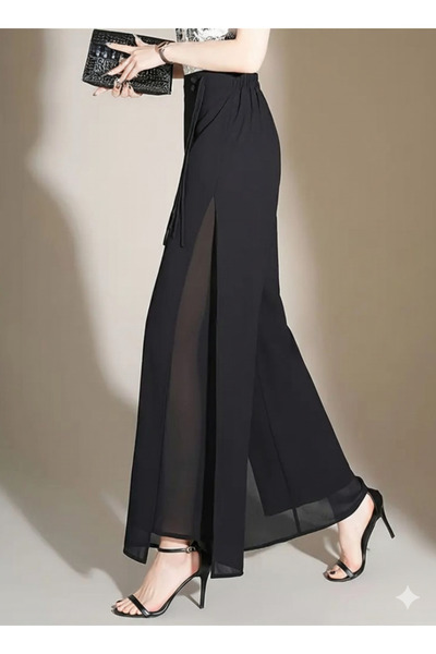 Hazel Women's Black High Waist Slit Double Layer Chiffon Pants