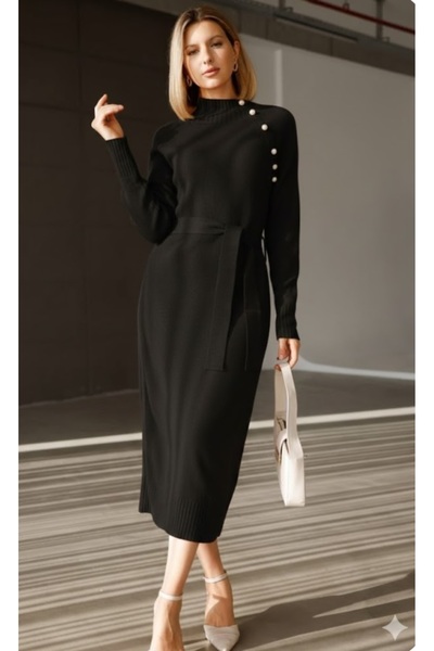 EsSo butik High-Necked Button Detailed Raglan Sleeve Belted Knit Pencil Dress