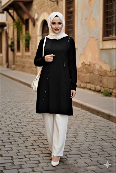 modamira Kadın Siyah Kristal Pamuk Anne tarz Büyük Beden Önü Nervür ve İnci d...