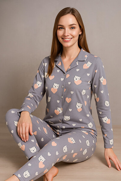 Silona Homewear Ayıcık Kalp Desenli Gömlek Yaka Düğmeli Pijama Takımı
