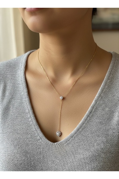 AUREVA قلادة على شكل حرف Y من الفولاذ المقاوم للصدأ / الزركون مع أحجار على شك...