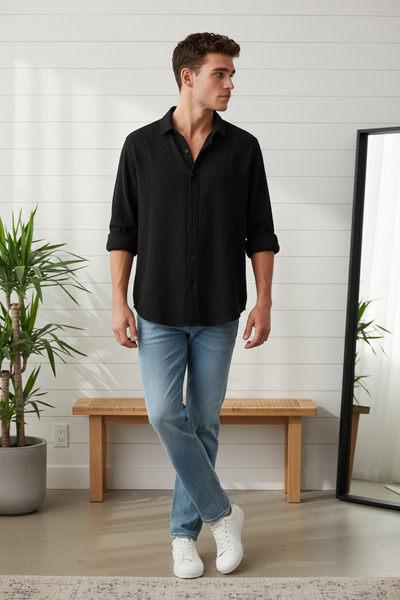 A&O Style Ανδρικό μαύρο λινό πουκάμισο oversized μουσελίνας με μακριά μανίκια