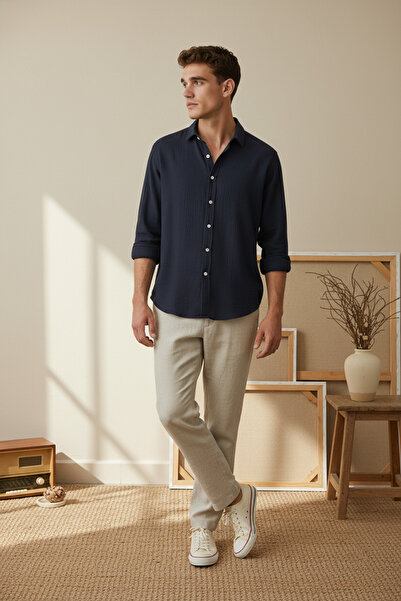 A&O Style Erkek Lacivert Oversize Müslin Uzun Kollu Keten Gömlek