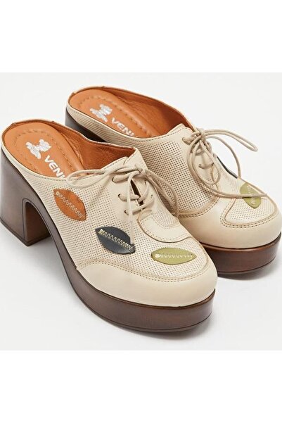 Venüs Otis Genuine Leather Women's Slippers Beige