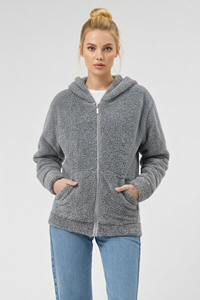 GIYOLA سترة نسائية بغطاء للرأس وسحاب من قماش ويلسوفت الناعم باللون الرمادي