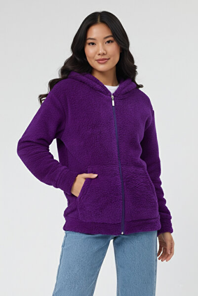 GIYOLA KADIN KAPÜŞONLU FERMUARLI WELSOFT YUMUŞAK KUMAŞ MOR POLAR