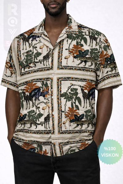 ROY501 Men's Short Sleeve Shirt Elephant Leopard Print Short Sleeve Shirt Sum...