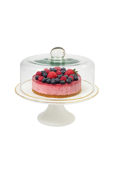 earss Elegant White Ceramic Pedestal Cake Stand with Glass Dome – Pastries or...