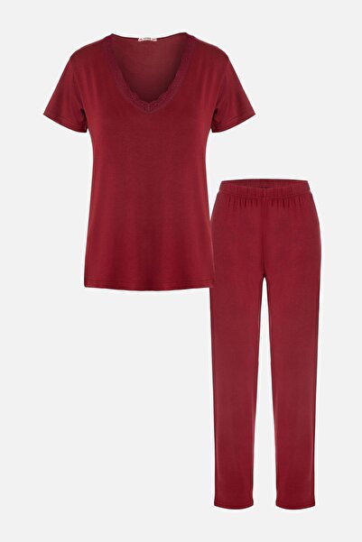 koza iç giyim Kadın Viskon Yumuşak Dokulu Kısa Kollu Dantel Detaylı Pijama Takım