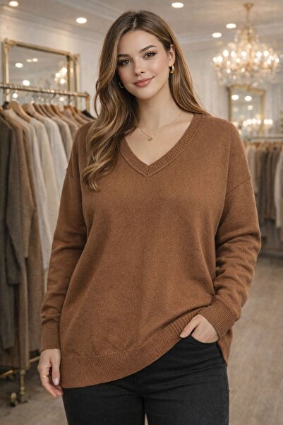 RMG Plus Size Cashmere Mixed Knitwear Sweater Brown