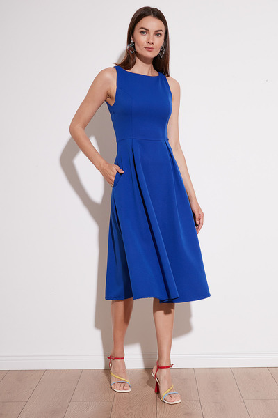 Lela Bisiklet Yaka Regular Fit Cepli Pileli Midi Elbise ELBİSE 6051963