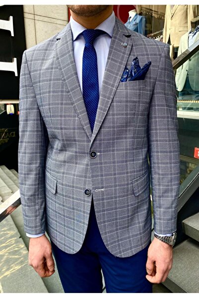 Frappoli Facune Erkek Koyu Lacivert Ekose Kumaşlı Mono Yaka Spor Blazer Ceket