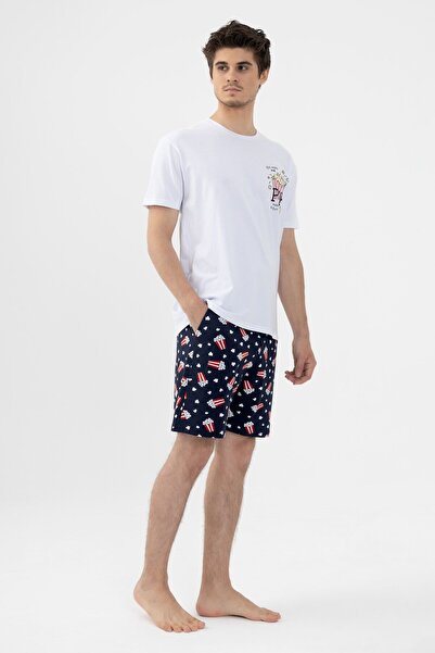 koza iç giyim Erkek Kısa Kollu Pamuklu Popcorn Desenli Şortlu Pijama Takımı