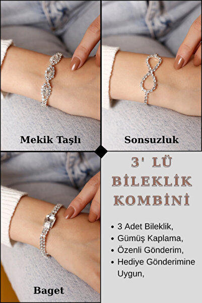 HUBANN Gümüş Kaplama Üç Silver Taşlı Su Yolu Bileklik