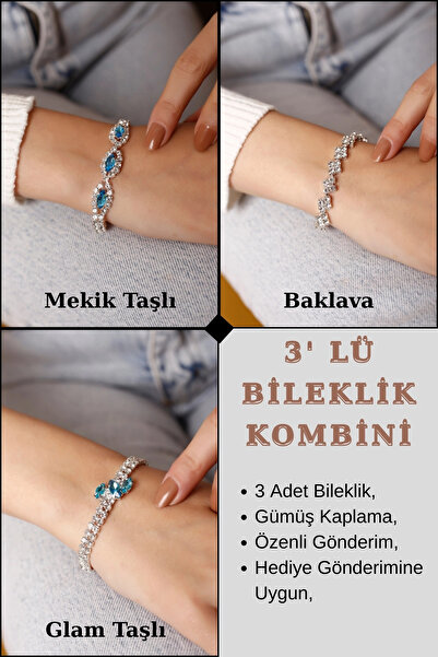 HUBANN Gümüş Kaplama Üç Turkuaz Taşlı Su Yolu Bileklik