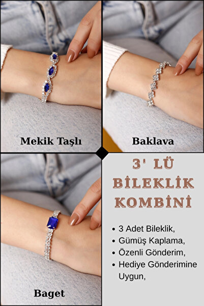 HUBANN Gümüş Kaplama Üç Mavi Taşlı Su Yolu Bileklik