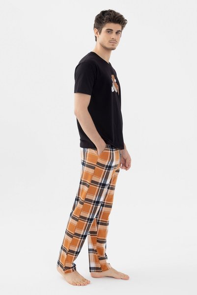 koza iç giyim Men's Short Sleeve Cotton Plaid Patterned Teddy Bear Printed Pajamas Set