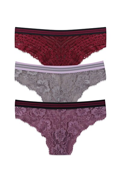 koza iç giyim Chiloți din dantelă elastică cu dungi din 3 piese pentru femei