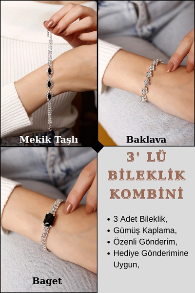 HUBANN Gümüş Kaplama Üç Siyah Taşlı Su Yolu Bileklik