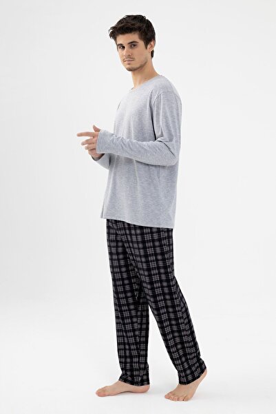 koza iç giyim Ανδρικό σετ πιτζάμες με μακρυμάνικο γκρι μελανζέ καρό μοτίβο Ly...