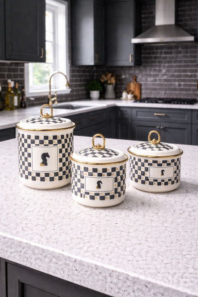sonnenflügel Desenli 3'lü Emaye Saklama Kavanozu Luxury 14-16-18 cm Saklama K...