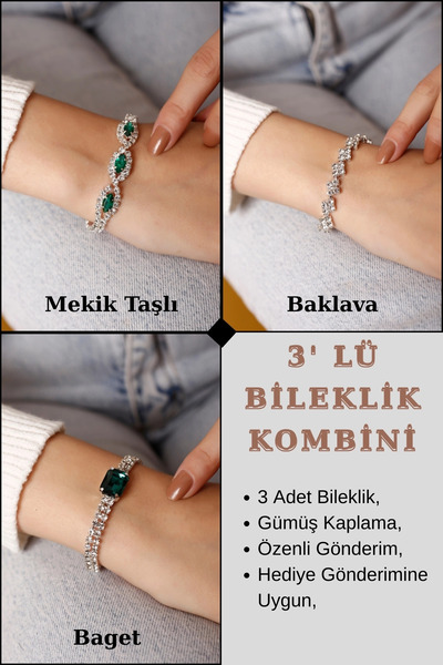 HUBANN Gümüş Kaplama Üç Yeşil Taşlı Su Yolu Bileklik