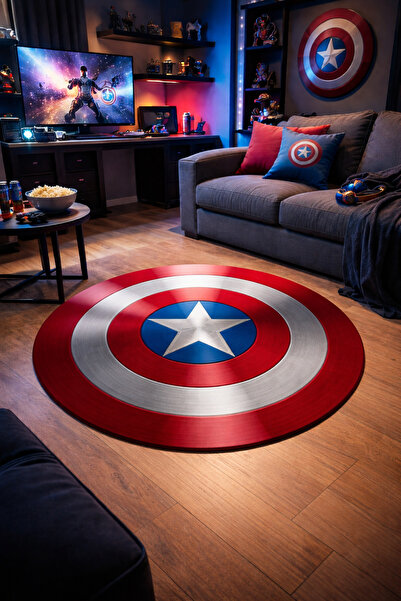 Emiroğlu Kaptan Amerika Kalkanı Şeklinde Yıkanabilir Hali ,Süngerli Yüzey- KA...