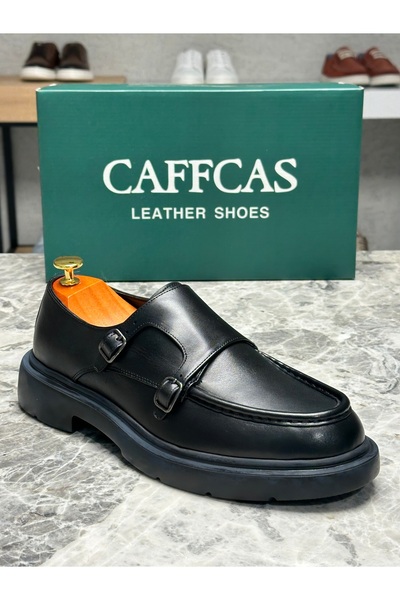 Caffcas حذاء رجالي كاجوال يومي مصنوع يدويًا من الجلد الأصلي باللون الأسود 144...