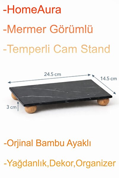 AuraStile Marble Patterned Glass Oil Container with Bamboo Legs, Soap Dish, D...