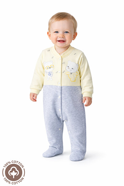 Miniel Unisex Bebek Notalı Ayıcık Nakışlı 3-6-9 Ay Penye Organik Pamuklu Pati...