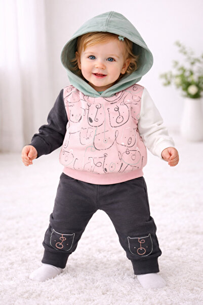 Boncuk Bebe Desenli Kapüşonlu Unisex Bebek Takımı