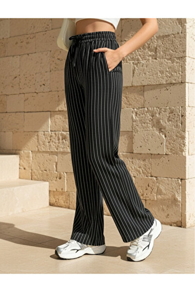 Miyalon Beli lastikli beyaz çizgili siyah eşofman altı bol paça Pantolon