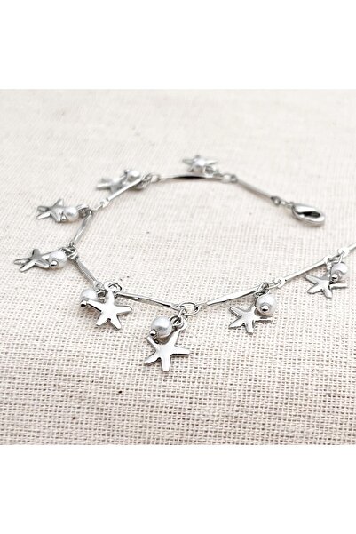 Siya Silver Deniz Yıldızı ve İstiridye Figürlü İncili Çelik Halhal