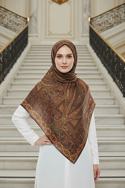Noorella Scarf - Yankı Retro Desen Şal - Kahverengi