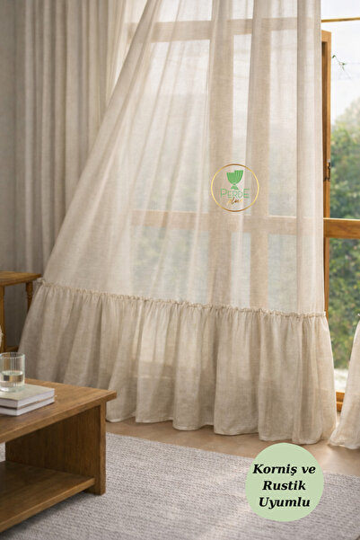 Perdeplus Fusta crem cu perdea din tul de in cu volane