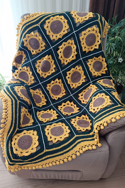 nftart.design Ay Çiçeği - El Örgüsü Koltuk Şalı & Diz Battaniyesi & Tv Battan...