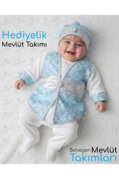 bebegen Turquoise Tugra Patterned Belted Mevlüt Jumpsuit for Baby Boy