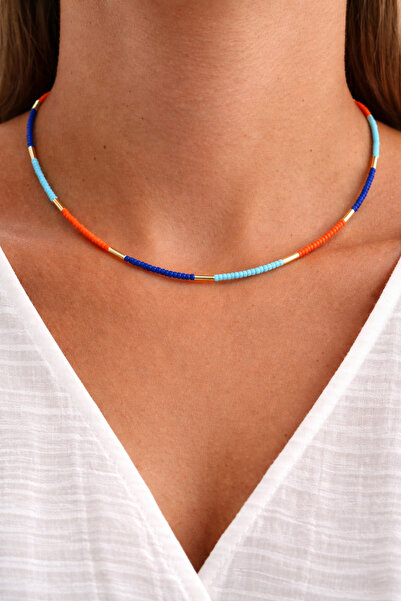 HERCY Renkli Boncuklu Gold Detaylı Kolye | Yazlık Kolye | Turuncu Kolye | Mav...