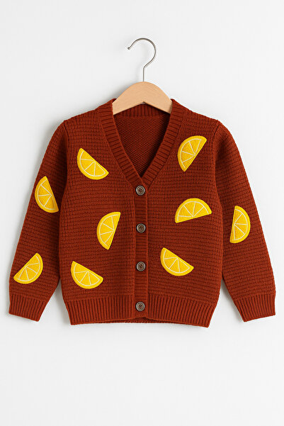 Hilal Akıncı Kids Girl's Embroidered Lemon Motif Knit Cardigan and Hair Clip
