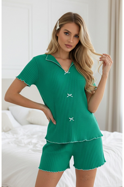 Siyah İnci yeşil Mevsimlik İnce Fiyonklu Şort Takım7880