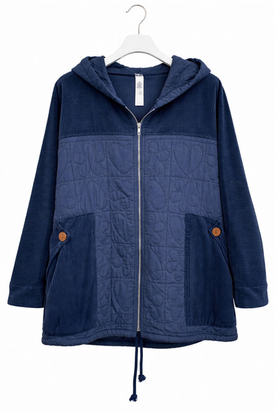 günay boutıque Navy Blue Quilted Patterned Hooded Zipper Jacket