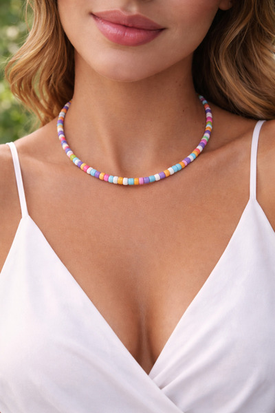 Miliva Renkli Cam Boncuklu Kolye | Renkli Mix Kadın Kolye | Yazlık Kolye