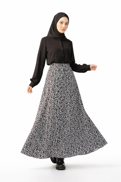 snmbutik تنورة واسعة منقوشة بالزهور باللونين الأبيض والأسود