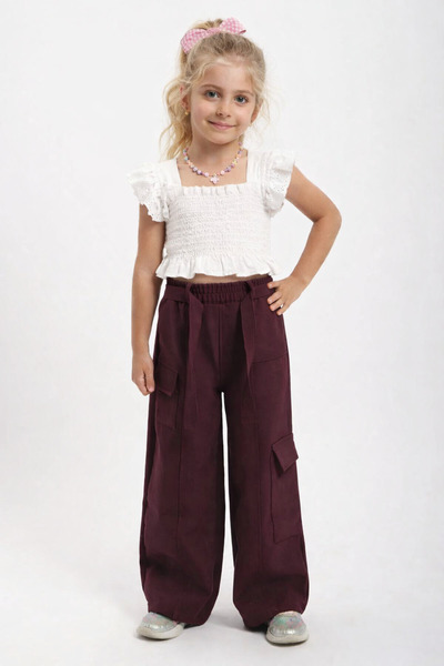 WE AND ME Wide Leg Rubber Waistband Belted Pocketed Girls' Trousers