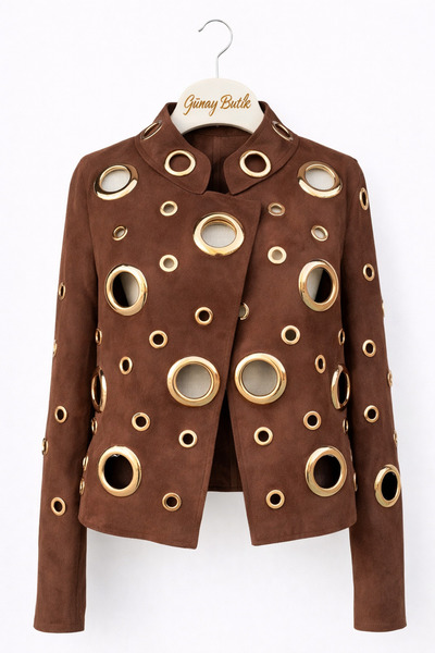 günay boutıque جاكيت من جلد الغزال بتصميم حلقات معدنية - بني