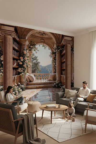 dreamwall Sütunlu Teras ve Kitaplık Desenli Duvar Kağıdı
