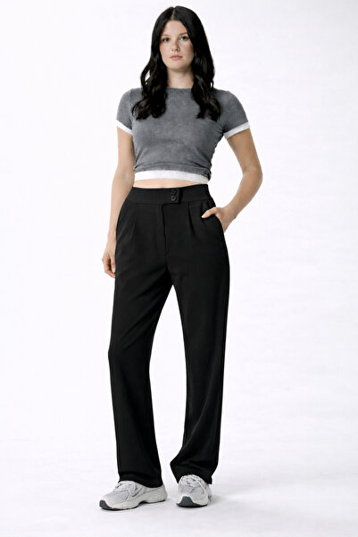 Ramior Women's Black High Waist Fabric Trousers – Straight Leg Stylish Office...